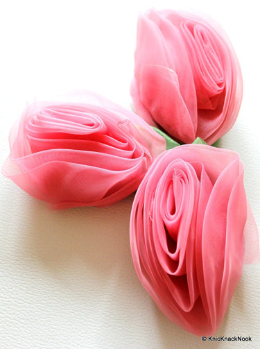 Pink Rose Flower With Green Leaf Big Applique Patch, Rose Motif, Flower Motif